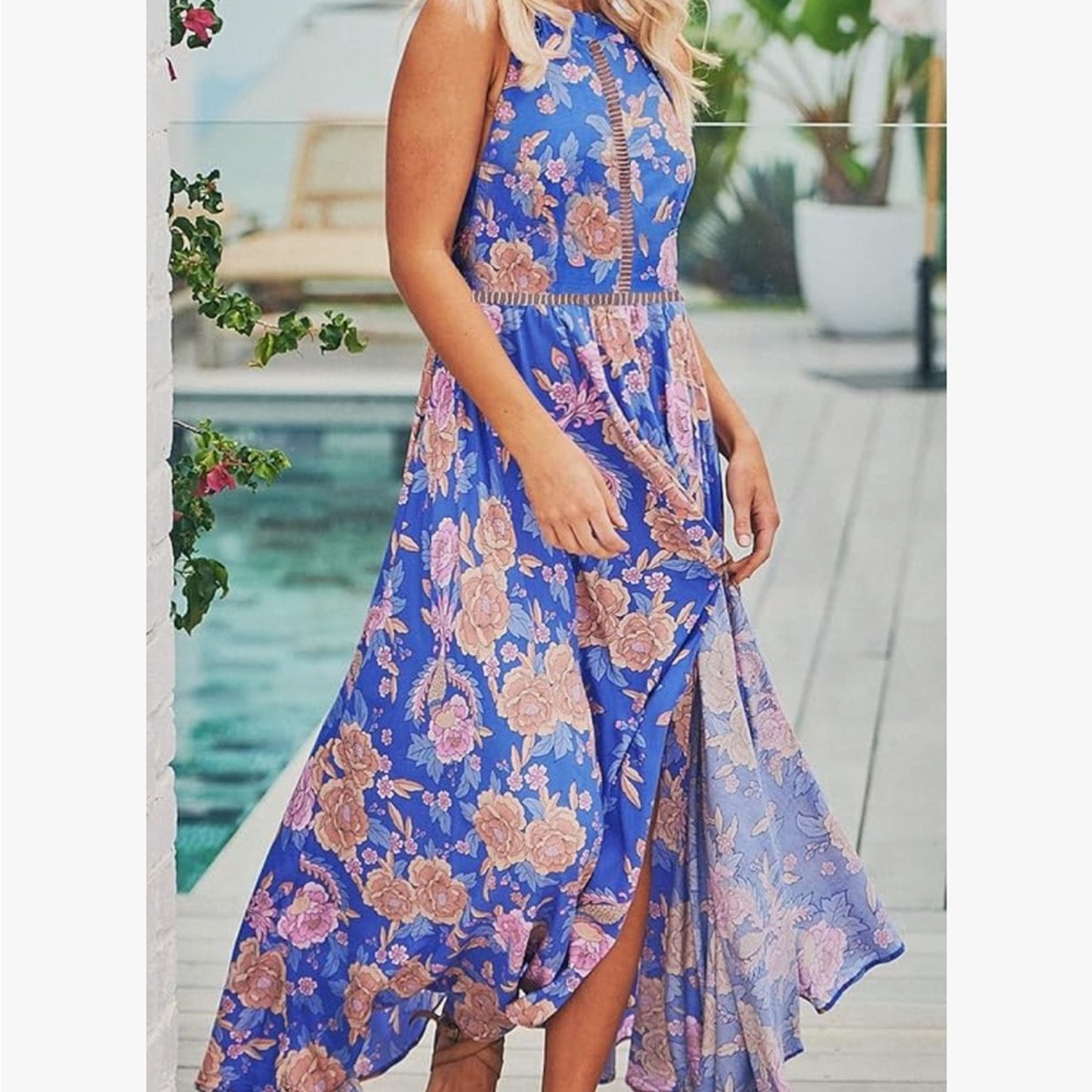 Blue and Pink Floral Sundress Maxi Dress